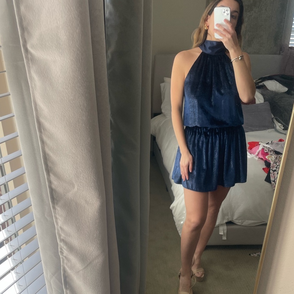 NWT Ramy Brook Lori Metallic Velvet
Blouson Mini Dress Navy Blue Large
